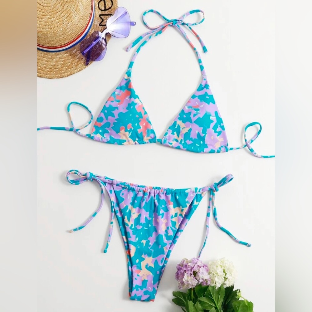 shein Allover Print Triangle Thong Bikini Swimsuit